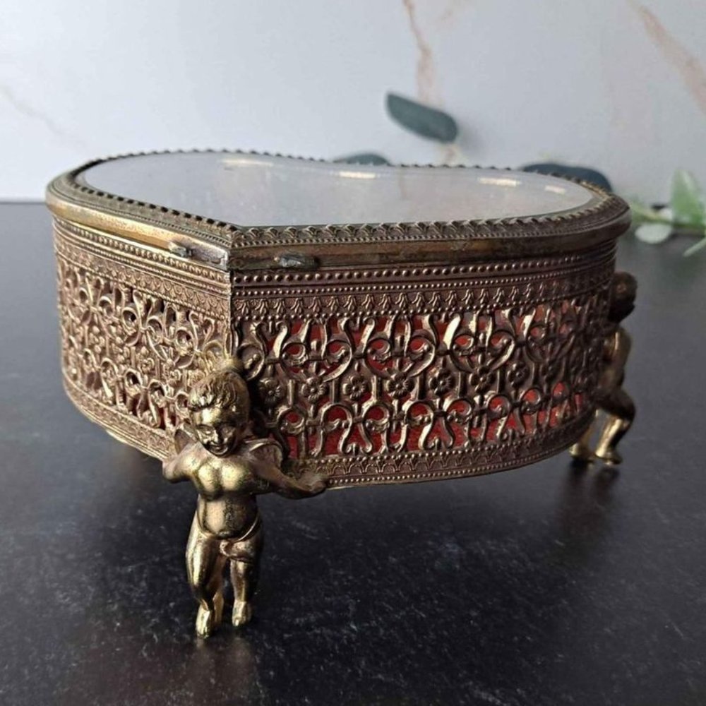 Vintage Brass Cherub Angel Heart Jewelry Box